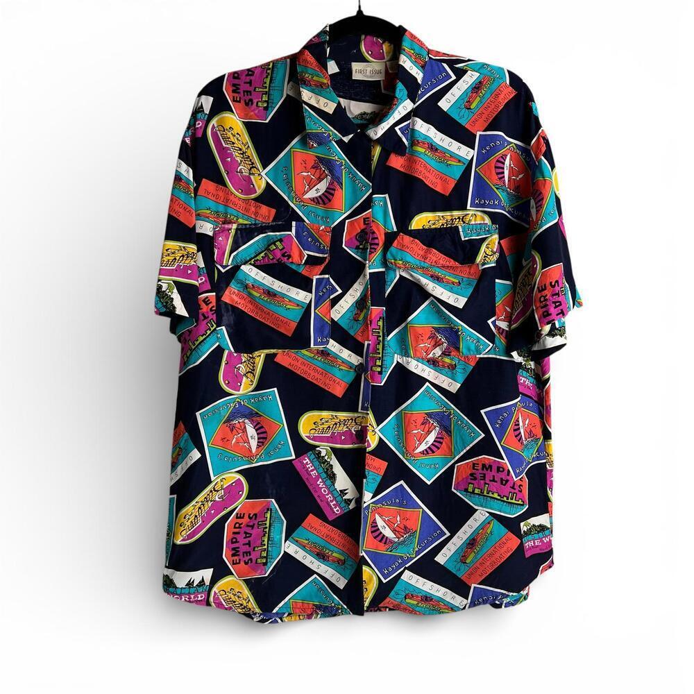 Vintage Short Sleeve Button-Up Shirt with Novelty Graphic Print